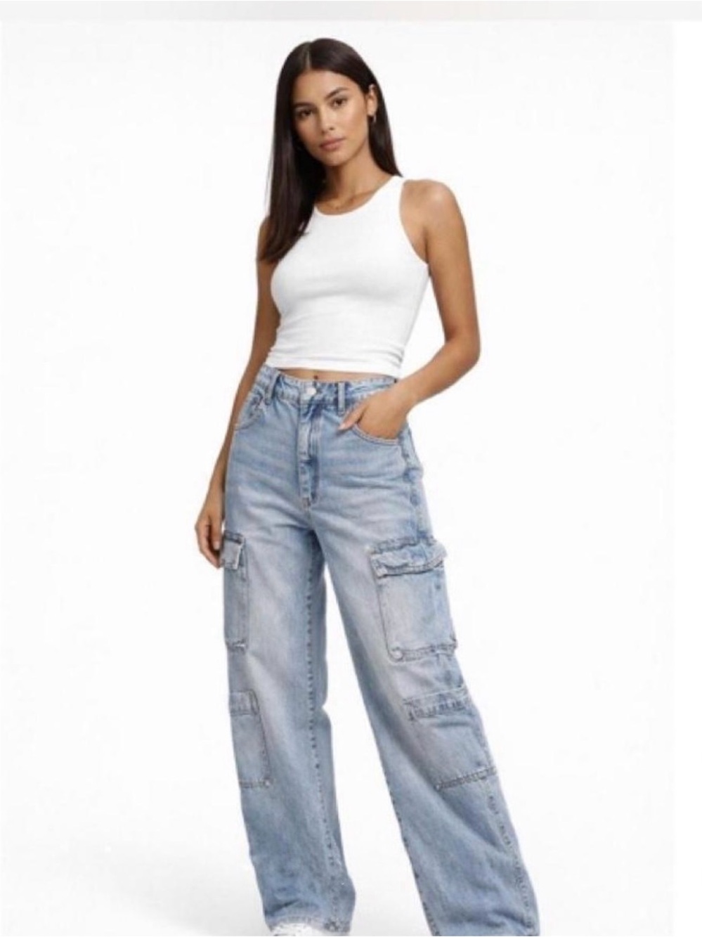 Cotton On Relaxed Cargo Jeans Size 4 Light Wash Y2K